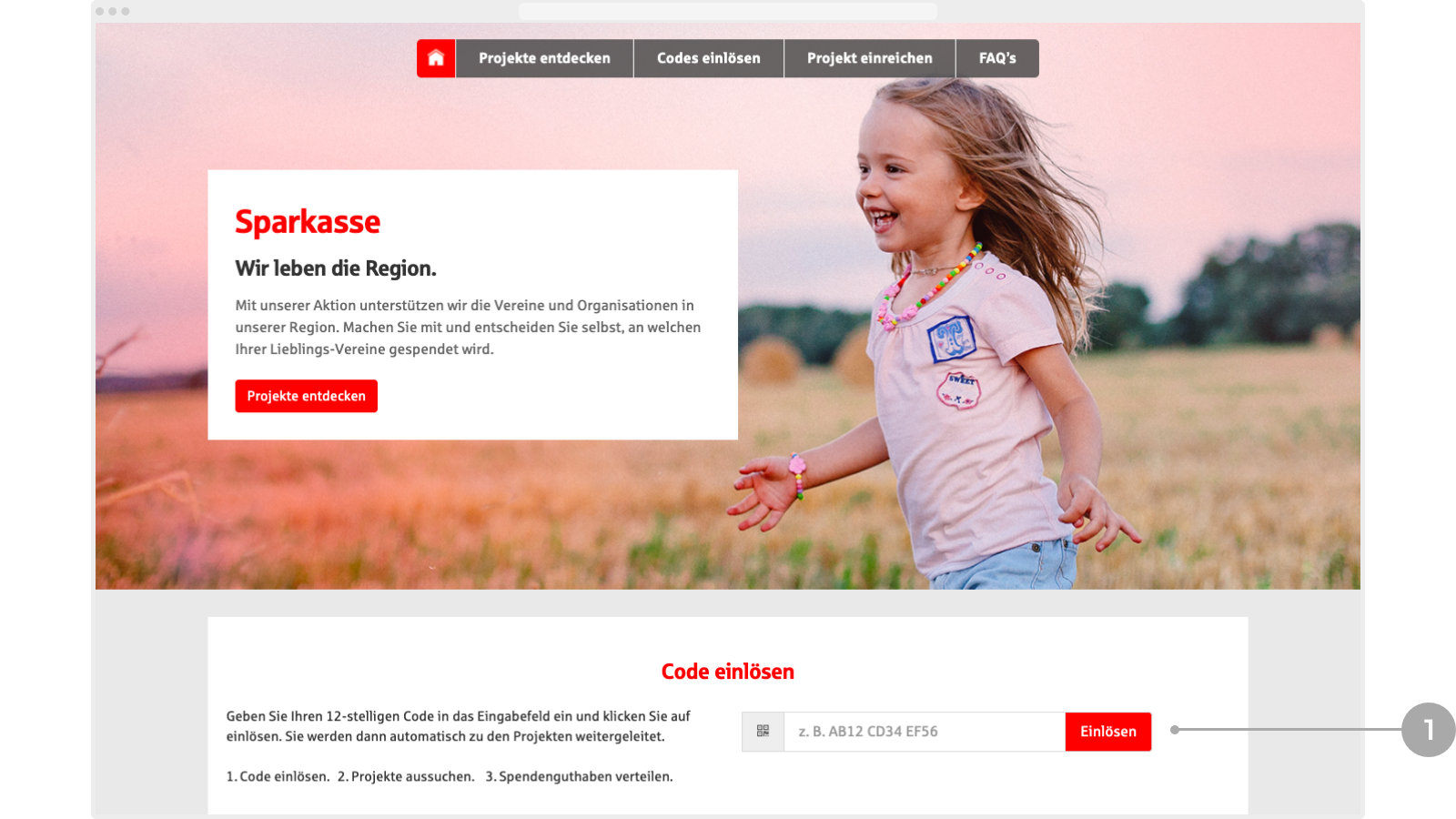 Abbildung: Eingabefeld für den Code auf der Startseite mit 'Einlösen'-Button.